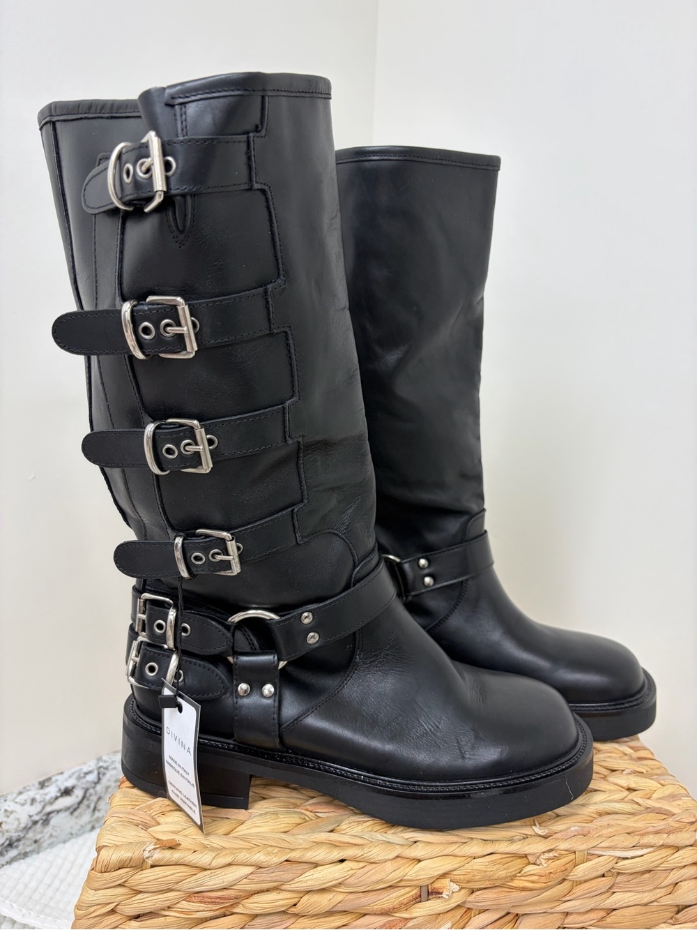 Women's Black Mid-Calf Buckle Heeled Boots